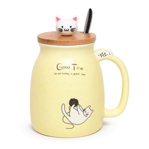 GINKGOHOME Cute Cat Milky Ceramic Mug With Spoon And Wood Lid - Lemon Yellow 12oz