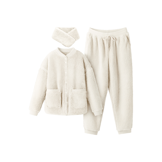 Women's Coral Fleece Pajamas Set Loungewear 501P White L