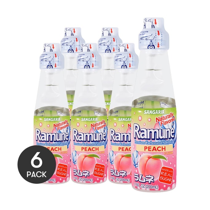 Ramune Premium Carbonated Soft Drink Peach Flavor, 6.76 fl oz *6【6 Packs】