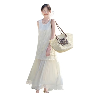 【中国直送】HSPM 新作 ニットパッチワーク フェイクツーピース ノースリーブベストドレス ホワイト S