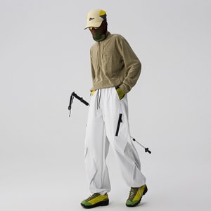 Outdoor three-in-one thickened down jacket pants storm pants men's and women's windproof and warm straight-cut work pants beige three-in-one fleece lining size S