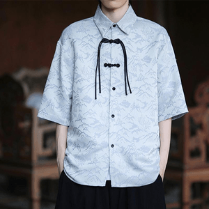 Chinese Style Silk Mountains Jacquard Knot Button Half Sleeve Tang Suit Shirt Blue M