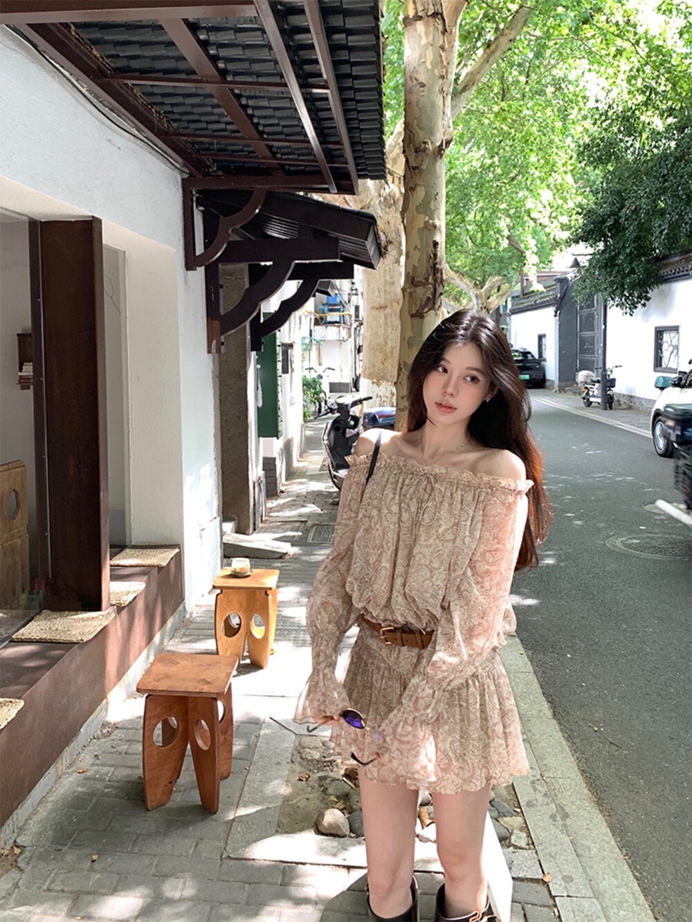 【加拿大直郵】 加拿大 SCENARIO 洛澤爾佩斯利印花(上衣+短裙+腰帶)三件套 均碼 米色