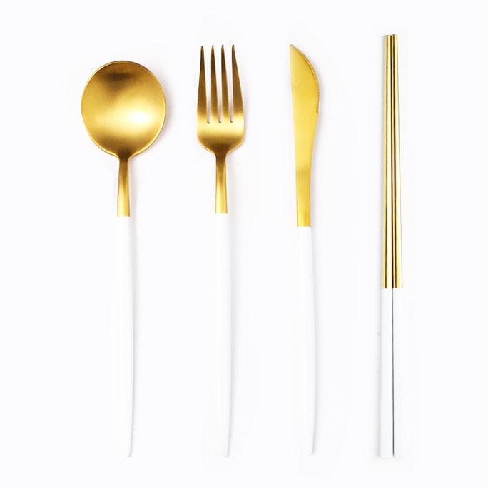 Stainless Steel Cutlery Set Dinnerware Tableware Forks Knives Spoons Chopsticks White Gold 1 SET