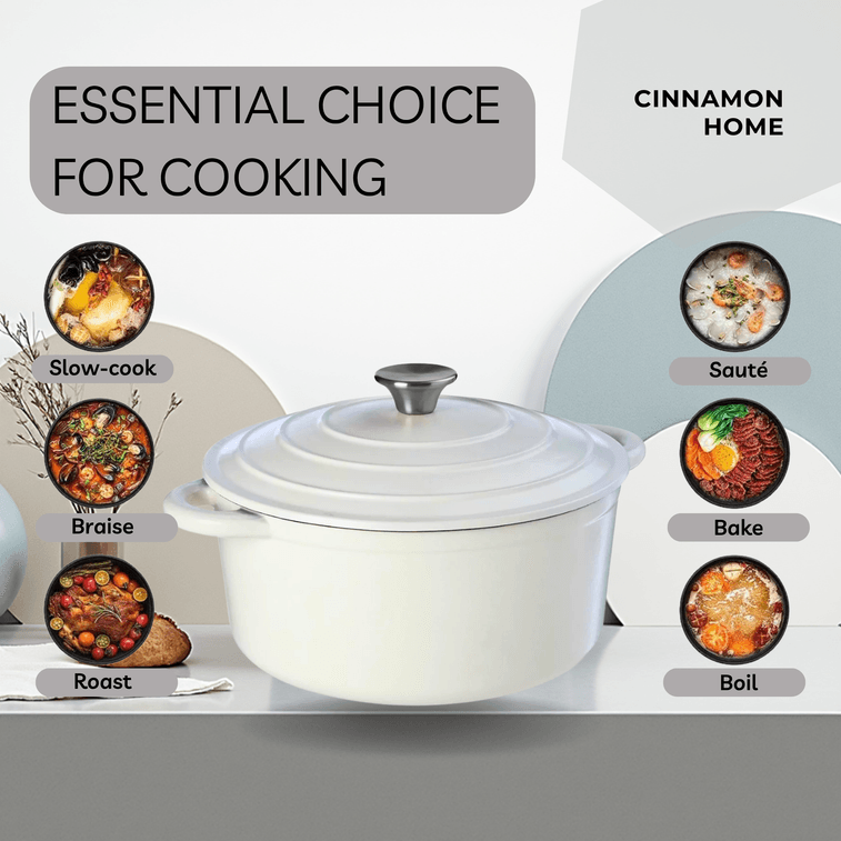 미국산 시나몬(Sinamon) 주철 에나멜 냄비 28cm(6쿼트), 무광 흰색, 프로스티드 피니시 시리즈. 천연 미세 압력 조리 방식으로 은은한 끓임과 저온 조리가 가능한 다기능 가정용 슬로우 쿠커/스튜 냄비입니다. 모든 종류의 가스레인지에서 사용 가능합니다. 3