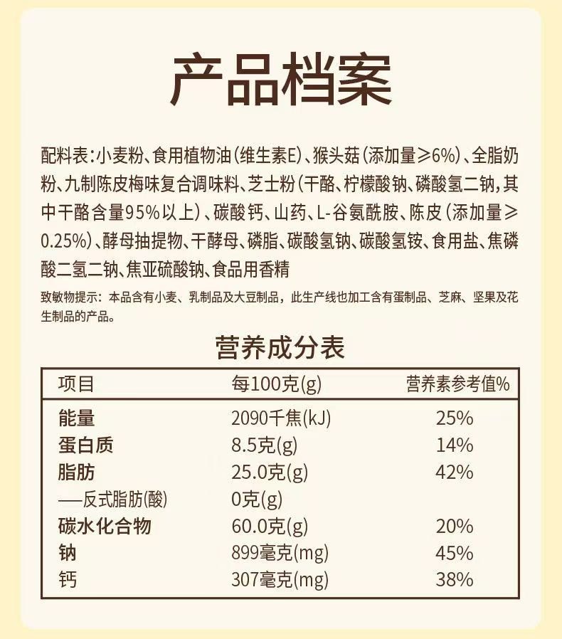 New Jiangzhong Monkey Head Mushroom and Dried Tangerine Peel Soda Biscuits [6% Monkey Head Mushroom + 95% Cheese Powder