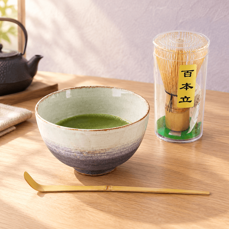 日本藍花抹茶三件套抹茶碗茶筅茶勺茶立礼盒装裾浓・藤色紫藤色- 亚米