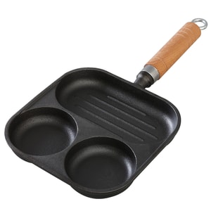 3-in-1 Cast Iron Breakfast Pan, 3-hole divided skillet, chemical-free non-stick, wooden handle, thickened base, multi-functional for gas & induction cooktop, ideal for eggs, pancakes & steak.