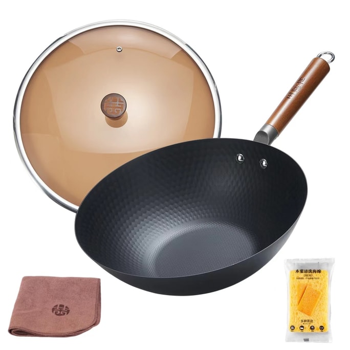 WANGYUANJI Lightweight Cast Iron Wok Uncoated Carbon Steel Pan No Coated Flat Bottom Skillet for All Stoves 30cm