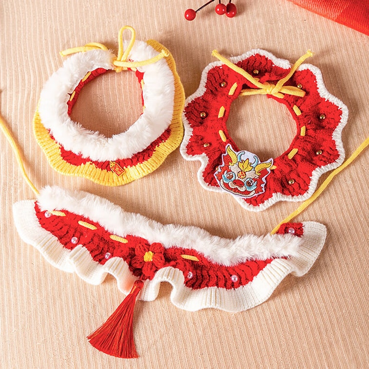 Hand-knitted Cat Bib Cat Accessories Pet Apparel Collar Wealth New Year Gift 4