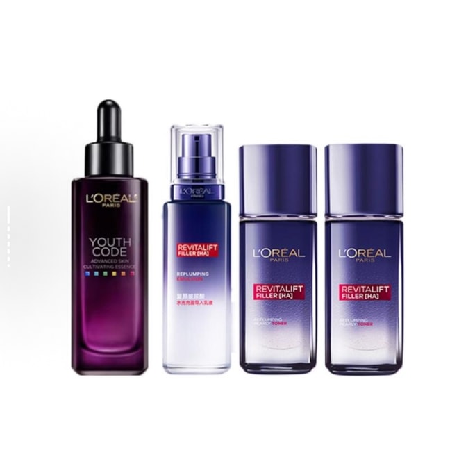 [홍콩 직송] 로레알 파리 유스 코드 4 스킨케어 세트: 블랙 에센스 50ml + 에멀젼 50ml + 크리스탈 듀 65ml x 2. 탄력, 회복, 노화 방지, 보습, 스타 에센스 로션 및 에멀젼 조합