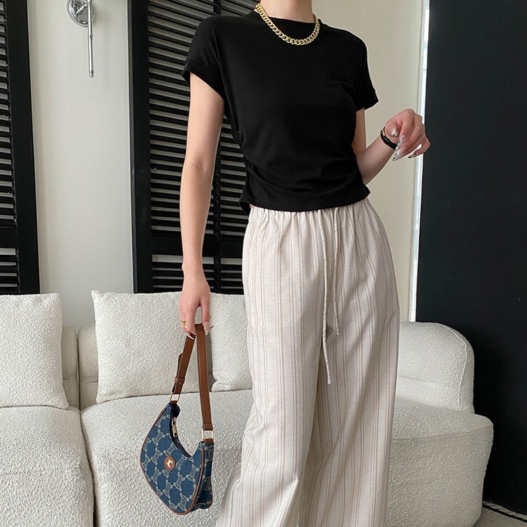 Paper Man Wearing Simple and Versatile Round Neck Folded Waist Slimming Short Sleeve T-shirt White L 8