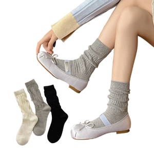 【中国直送】HSPM 日本・韓国風スクールスタイル 無地 ルーズリブ ミッドカーフソックス オフホワイト＋グレー＋ブラック セット F 1