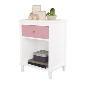 Single Drawer Nightstand White+Pink 19.68x14.96x26.77in 【40lbs Top Load·Drawer+Bottom Shelf·Gold Metal Knob】 MDF Sturdy Build, Kids Adult Bedroom Storage Table 【Kids Room·Bedroom】Durable Side Cabinet