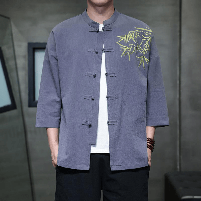 Chinese Style Embroidery Knot Button Three-quarter Sleeves Tang Suit Shirt for Men Dark grey M