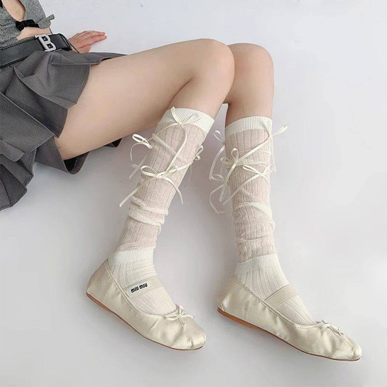 Ballet Style Bow Tie Over The Knee Socks Sweet JK Calf Socks Milky White With Milky White Bow M 1 Pair 3