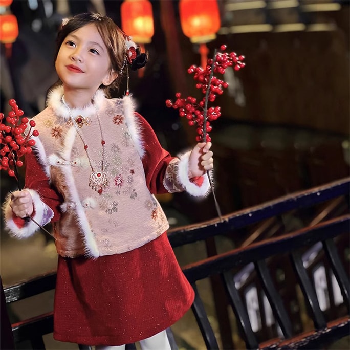 New Year's Celebration Chinese Style Children's Suit Vest+Dress+Hair Accessories 100
