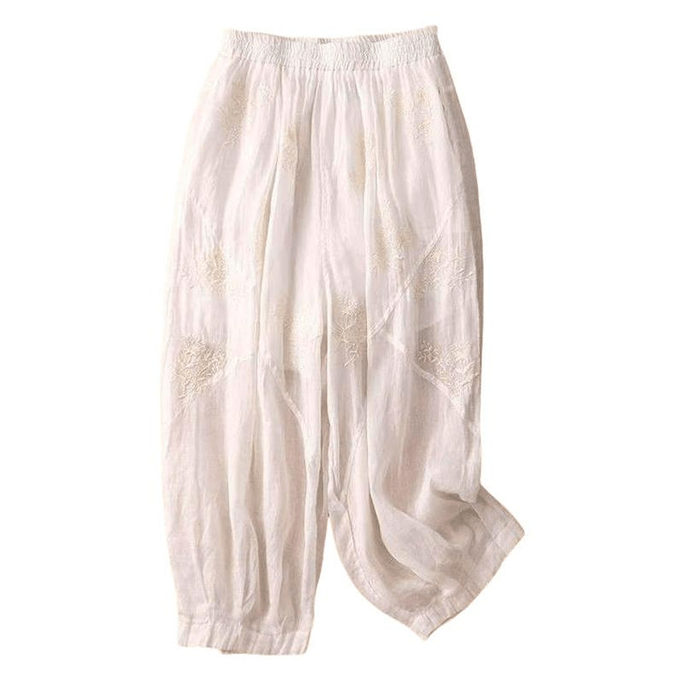 Chinese Style Cotton and Linen Embroidered Harem Pants White M