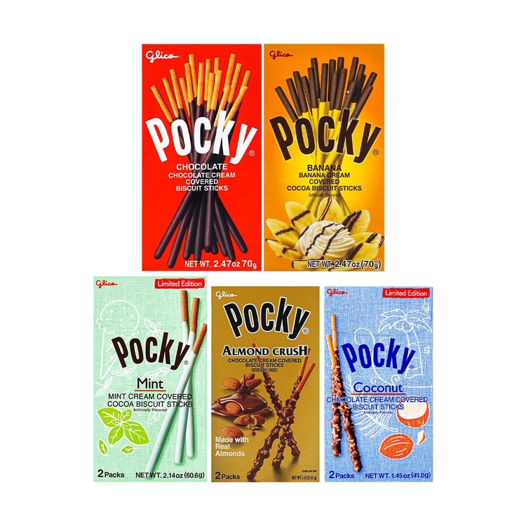 GLICO Pocky Chocolate Cookie Sticks, Mint+Coconut+Banana+Almond+
