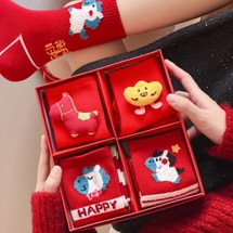 2026 Year of the Horse Red Socks Gift Box, 4 Pairs Cotton Zodiac Socks with 3D Doll