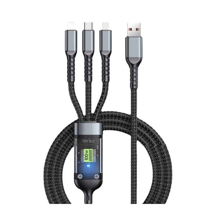 100W Retractable 3 In 1 Fast Charging Car Cable For Apple Iphone Huawei Android Black 1.2m