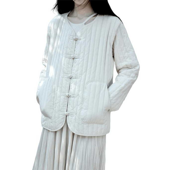中國 ASIS新中式文藝復古盤扣棉衣棉服女-米白色 均碼
