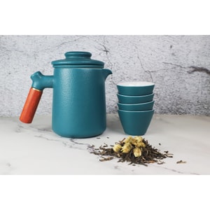 GINKGOHOME Ceramic Tea Set With 1 Teapot And 4 Cups Wooden Handle With Infuser And Travel Case - Teal 350ml