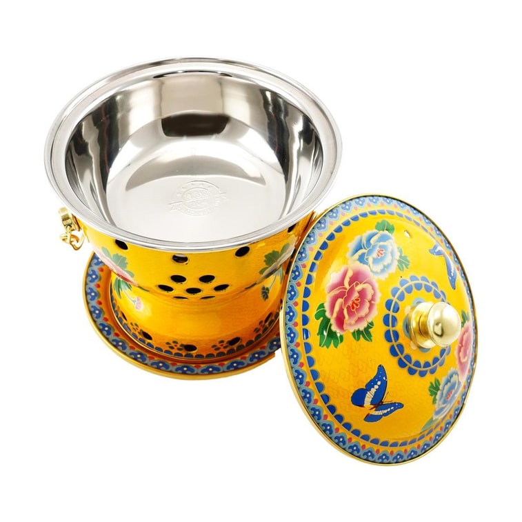 Enamel Fat Cattle Hot Pot Yellow Peony with 304 Stainless Steel Liner 8