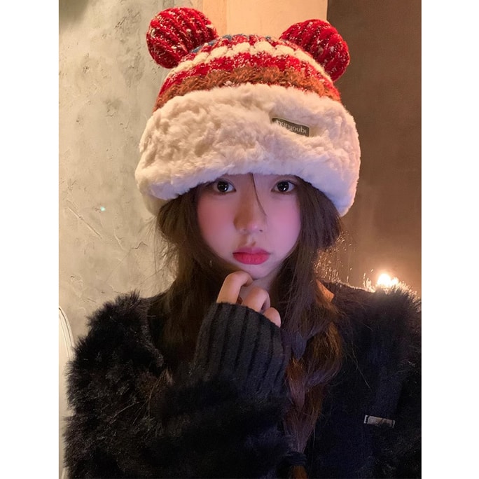 【中國直郵】 HSPM 新款可愛小熊耳朵保暖針織毛絨帽 紅色 F