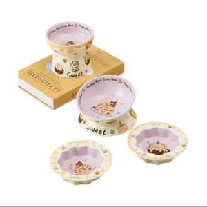 【中国直邮】 FOXTAIL 可爱卡通陶瓷宠物碗套装 猫碗 高脚 防打翻 猫咪 食盆 高颜值 大口径 护颈 四件套 1套