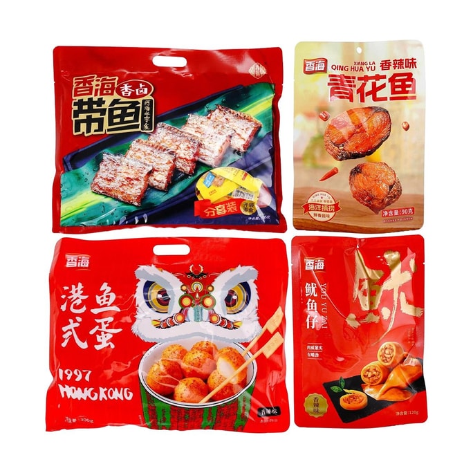香海 香辣鱿鱼仔+香辣青花鱼+香辣港式鱼蛋+香卤带鱼 4包 745g【4包组合装】【即食海鲜熟食】