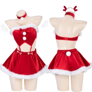 【中国直送】マニャン セクシー下着 セクシーベルベット スプリット ワンショルダー クリスマス ヘラジカスーツ レッド フリーサイズ (ストッキング含む)