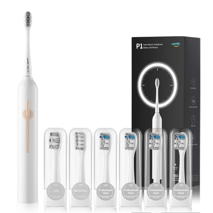 P1 White Electric Toothbrush with 6 Brush Heads for Adults Rechargeable Toothbrush with 3 Modes