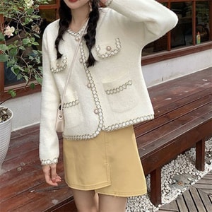 【中国直邮】 爪哇岛 秋冬法式小香风外搭短款 针织开衫外套 均码 白色