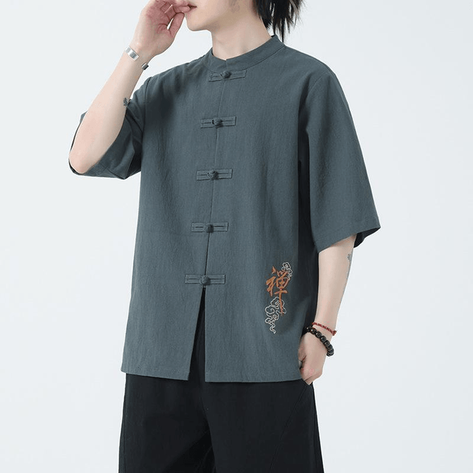 Chinese Style Thin Solid Embroidery Knot Button Tang Suit Hanfu Shirt Green 2XL