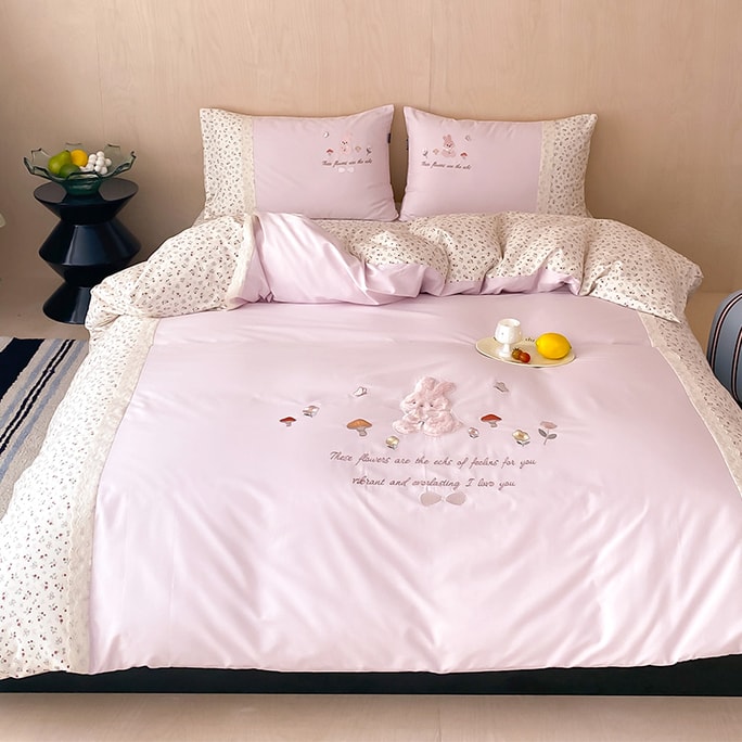 Mushroom Bunny 3-Piece Bedding Set, 1.5m*2m Sheet & Fitted Sheet Option, 100% Cotton Soft Brushed Fabric,【Skin-friendly, Breathable & 3D Towel Embroidery】Limited Discount, Cute Bedding For Bedroom &