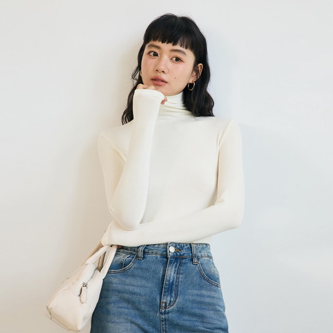 New High Neck Slimming Versatile Warm Knit Long Sleeved Base Shirt Velvet White F