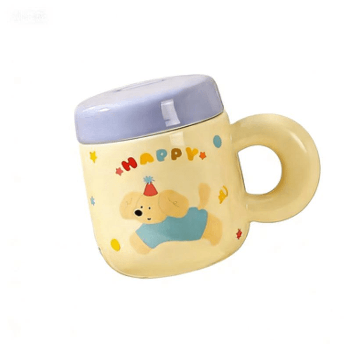 Kawashima House Mug With Lid For Home Use Drinking Water Large Capacity Cute High Beauty Ceramic Cup Blue Dog 500ml