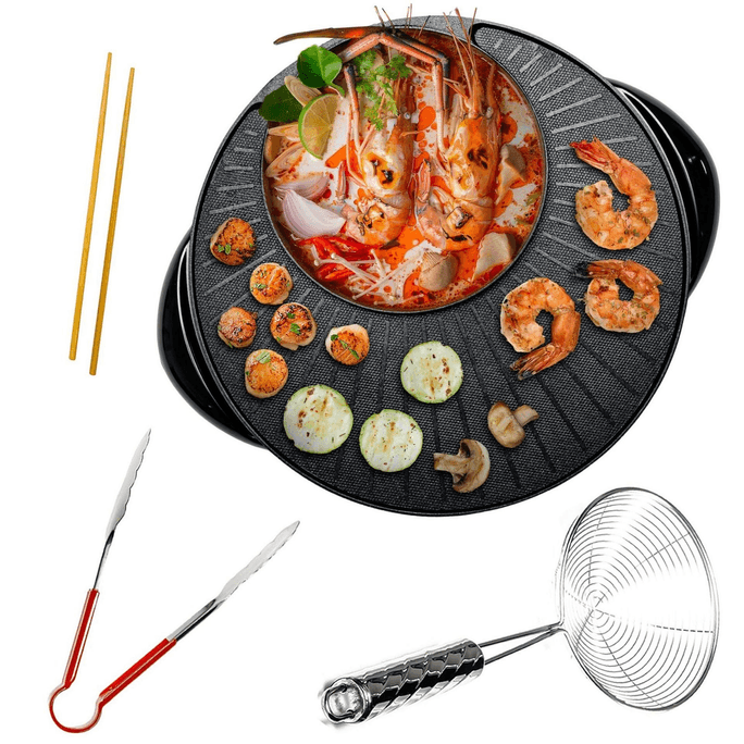 Electric Hot Pot and Grill Combo, 2-in-1 Portable Countertop Cooker for BBQ, Shabu Shabu and Soup with Free Strainer, Chopsticks and Tong
