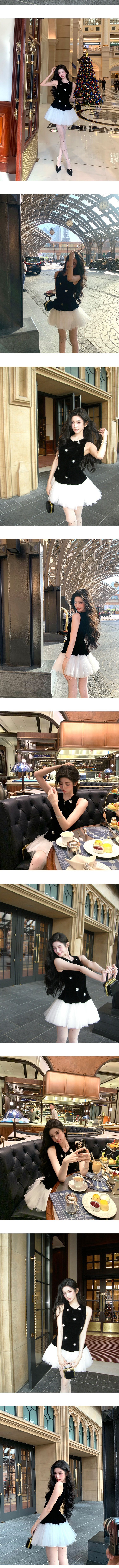 【中國直郵】 HSPM 千金風洋裝 網紗蓬蓬公主裙 絲絨小黑裙 黑色 XS