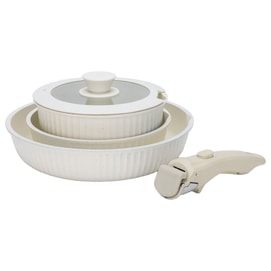 Household Detachable Handle Cookware Set, Non-Stick Pan Combination, White 4-Piece Set 【20cm Frying Pan +18cm Milk Pan +18cm Glass Lid + Handle】