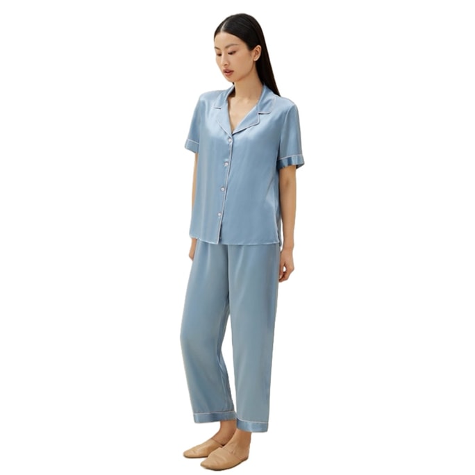 100% Mulberry Silk Home Clothing Soft Loose Breathable Silk Sleepwear YSF7B412#Munich Blue(16MM) XL
