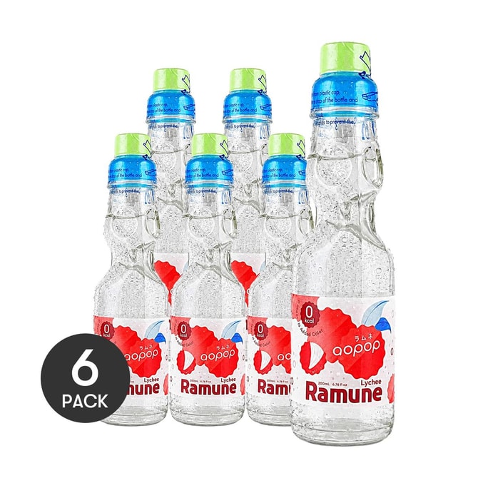 0 Calories Ramune Japanese Marble Soda,Lychee Flavor, 6.76 fl oz *6【6 Packs】【 0 Sugar 0 Fat】
