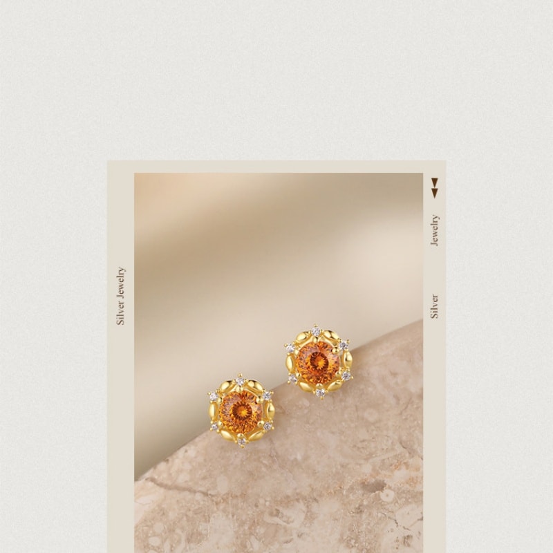 【中国直邮】 周六福 橘子汽水耳钉女S925银耳饰黄金色轻奢小众送女友本命年礼物 一对装