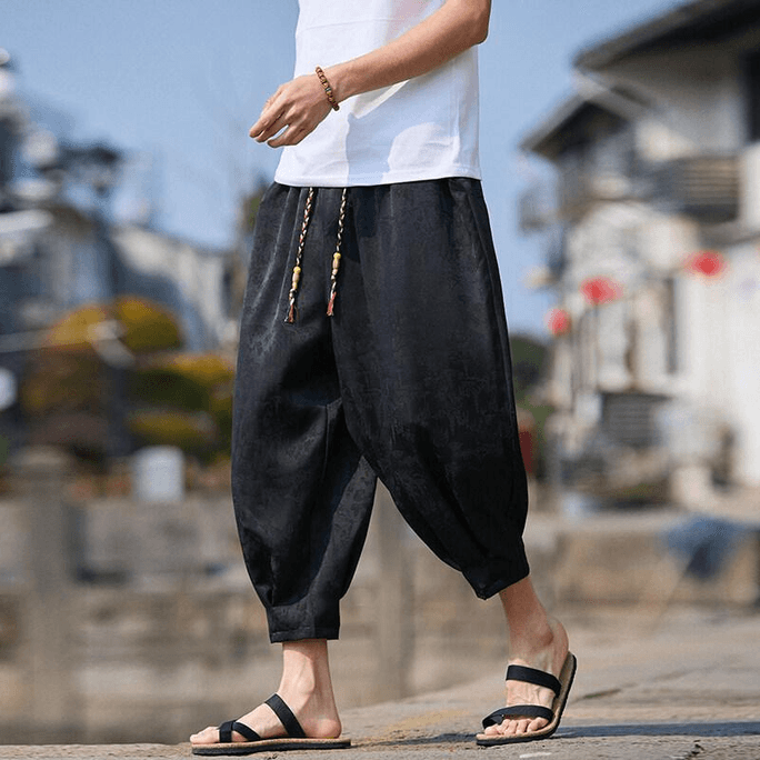 Chinese Style Print Loose  Thin Casual Cropped Pants for Men Black M