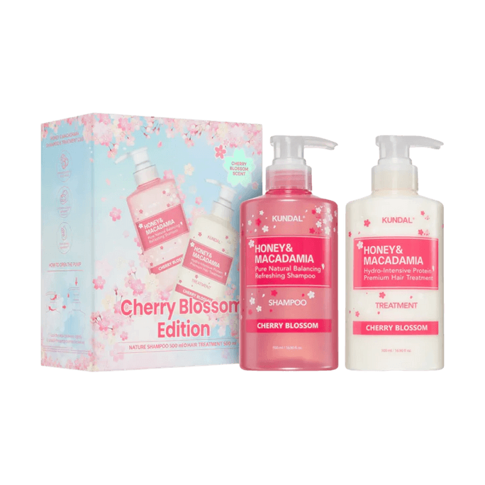 韩国KUNDAL 樱花限定版 蜂蜜澳洲坚果洗发水500ml + 护发素500ml 洗护套装
