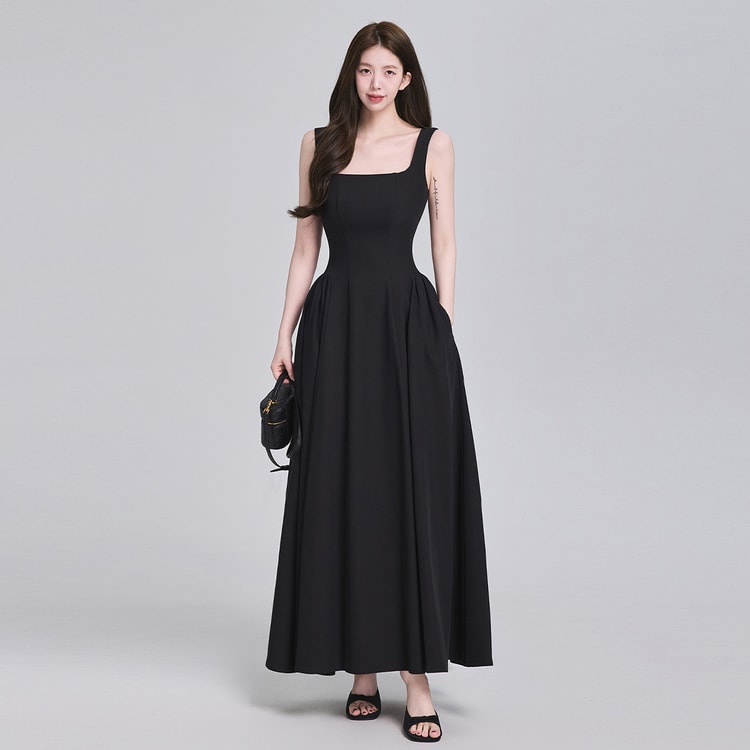 dress size for slim ladies French Slip Black (Sleeveless Long Dress) XS 1 Piece Sophisticated Elegant Lady Style Waist-cinching Slim-fit Flowy Long Dress With Unique Design Double Breasted