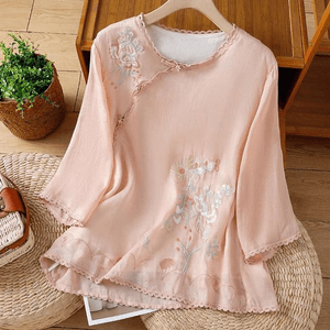 【中國直郵】 ASIS 新中式棉麻盤扣刺繡七分袖T卹-粉紅色 M