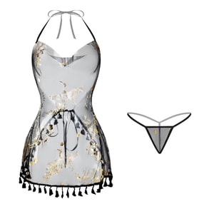 [중국 직배송] 마냥 란제리, 섹시한 캐미솔 나이트가운, 허리끈 여밈 슬릿 소프트 거즈 스커트, 블랙, 프리사이즈