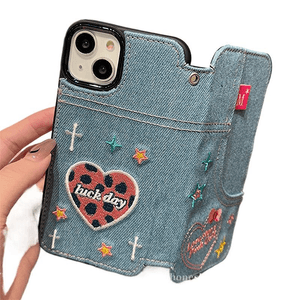 Embroidered Heart Denim Flip Cover Leather Case Suitable For IPhone 16 Anti Drop Niche Protective * 1 Piece